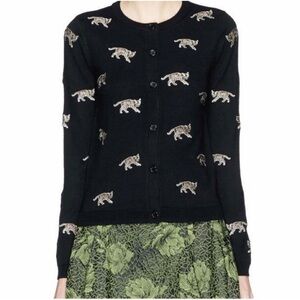 Alice + Olivia Sheila Bengal Cat Tiger Cardigan Sweater Embroidery Black Wool XS